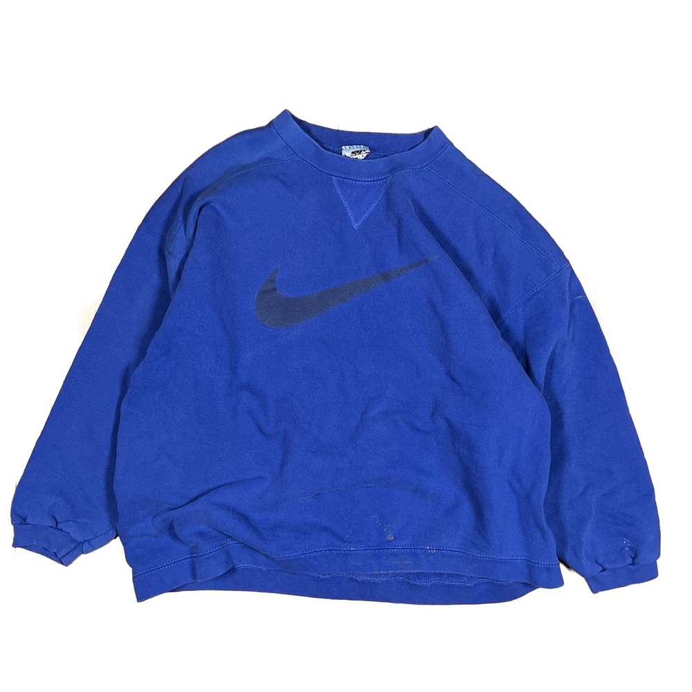 Vintage 90s Nike Swoosh Logo Blue Crewneck Sweatshirt Big Center Check L Flaws